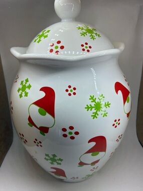 Temp-Tations White Ceramic Gnome Cookie Jar with Red & Green Accents